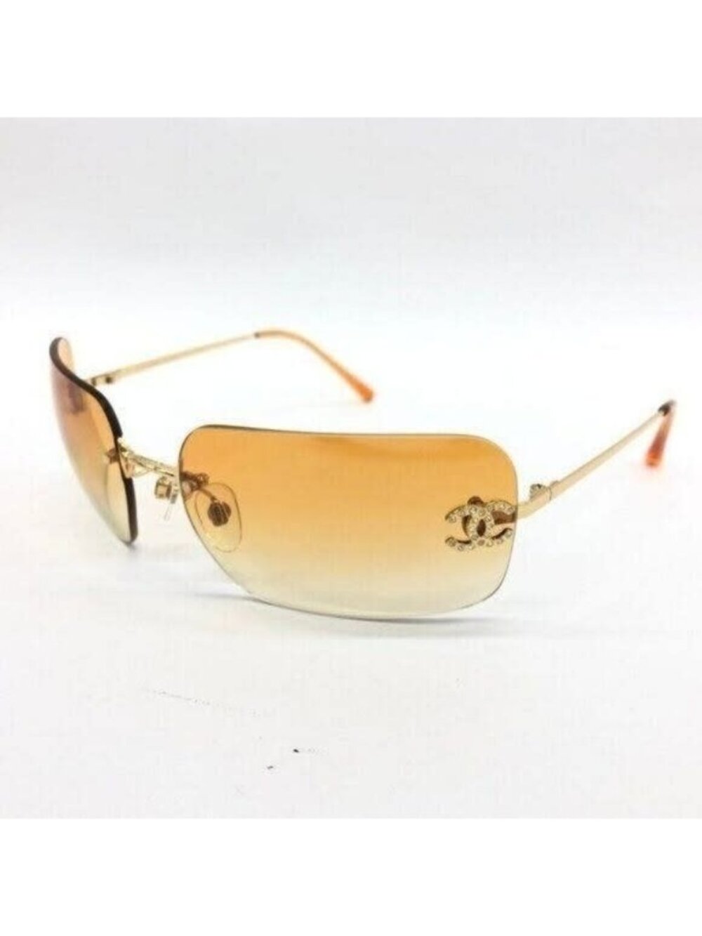 Chanel Vintage Sunglasses Rhinestone CC Logo Rimless Gradient Gold Orange - Picture 1 of 10